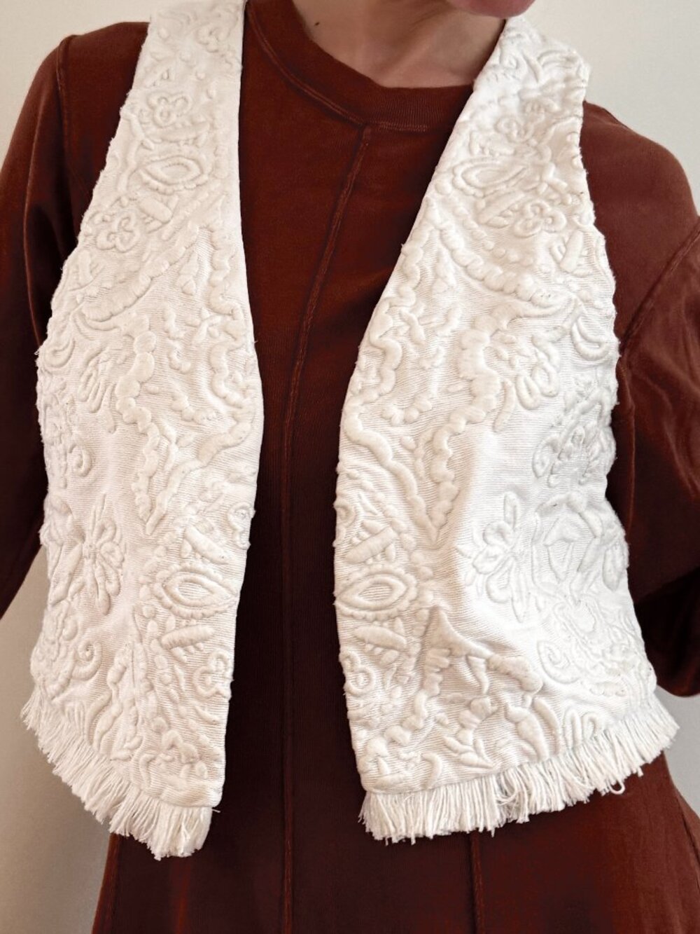 Vintage Embroidered Cotton Canvas Crop White Mini Vest Western Boho Fringe